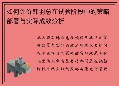 如何评价韩羽总在试验阶段中的策略部署与实际成效分析