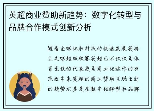英超商业赞助新趋势：数字化转型与品牌合作模式创新分析