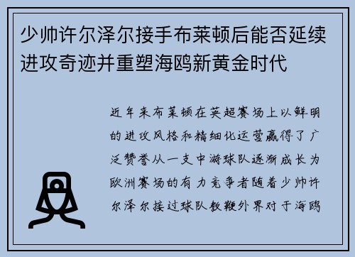 少帅许尔泽尔接手布莱顿后能否延续进攻奇迹并重塑海鸥新黄金时代